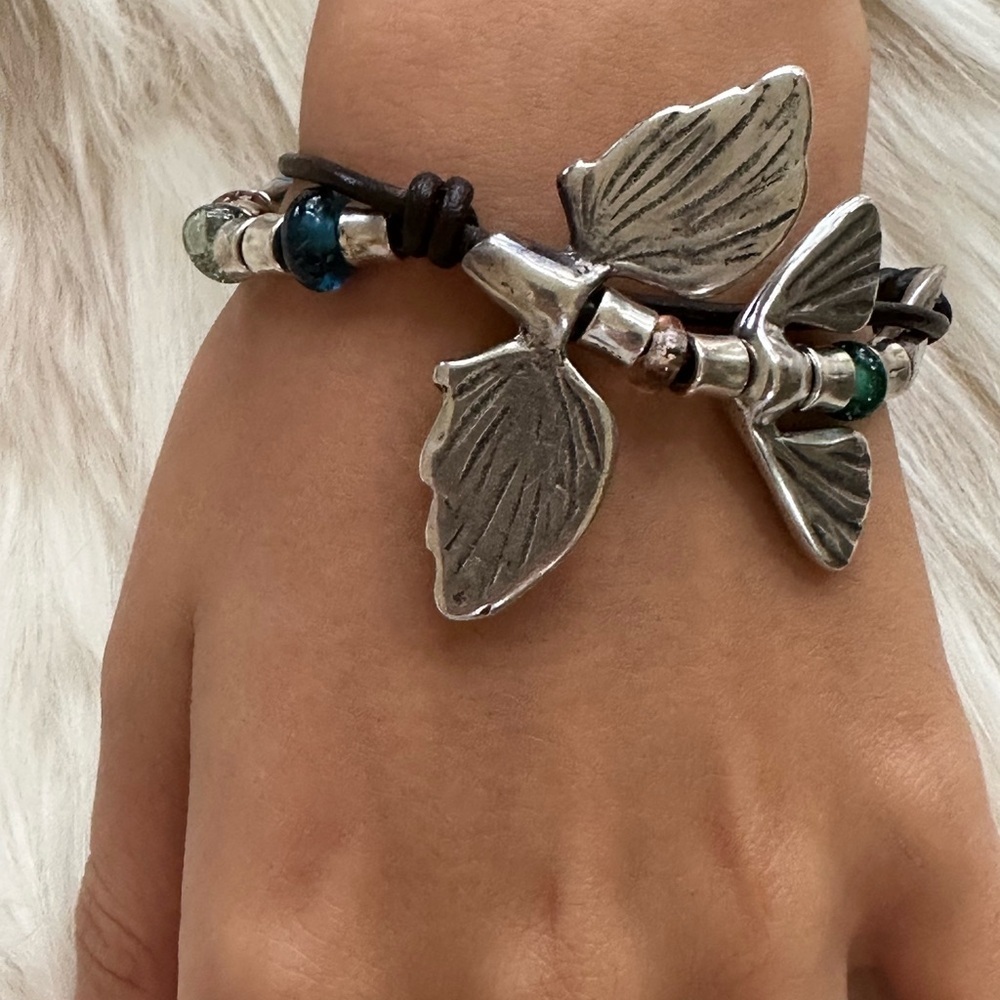 UNO de 50 sterling Silver butt Tail Leather Bracelet with stones Beads​​​